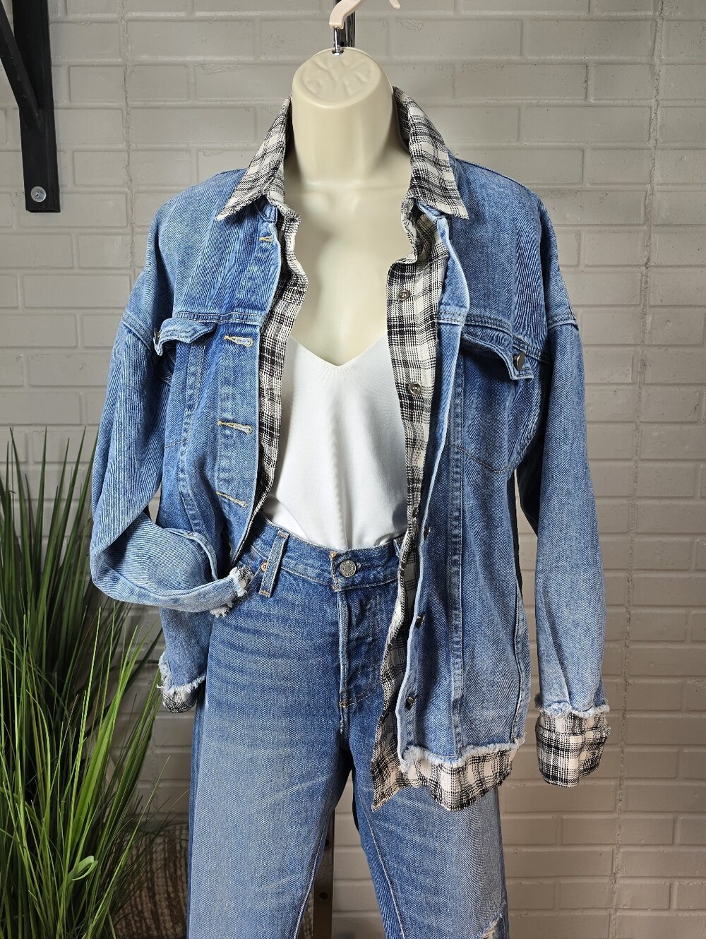 Andree by Unit Denim and Plaid Layered Jean Jacket Oversized Small